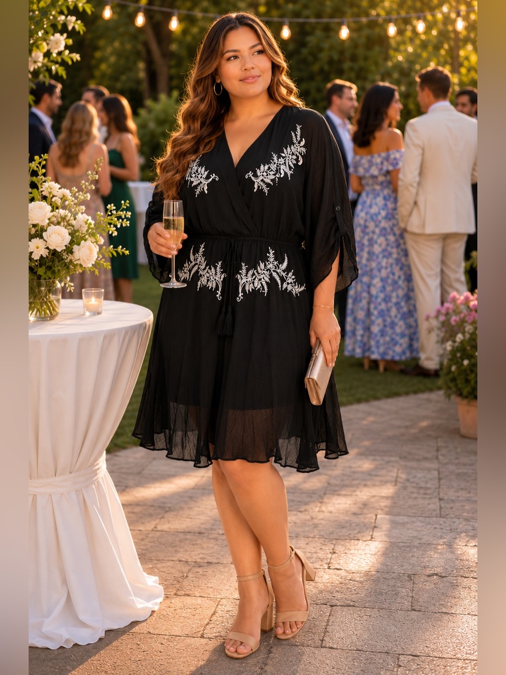 City Chic Black Midi Dress with White Embroidery